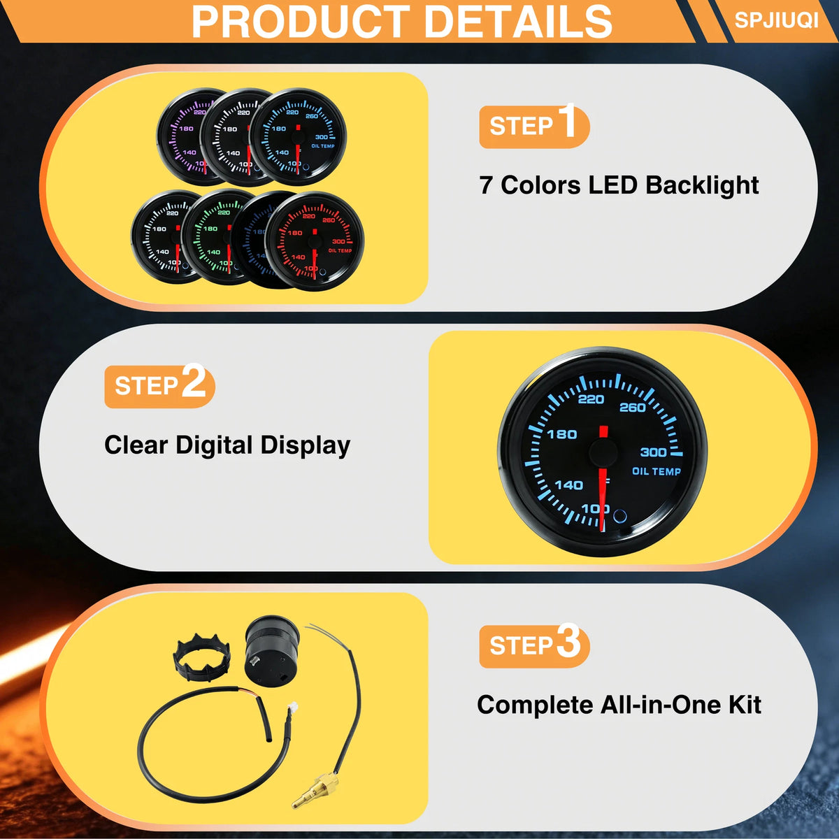 2 Inch Oil Temp Gauge for Truck SUV (104-284℉) w/ Sensor Wiring Kit, 7 Colors