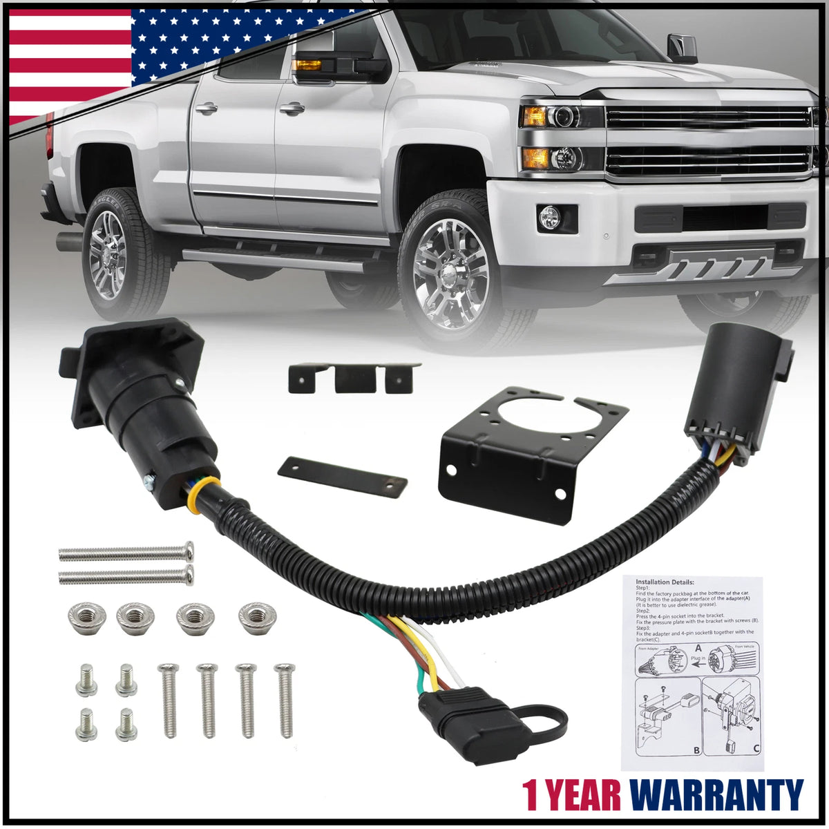 7 Way & 4 Way Flat Trailer Wire Harness Plug Kit for Chevy Silverado 1500 2500