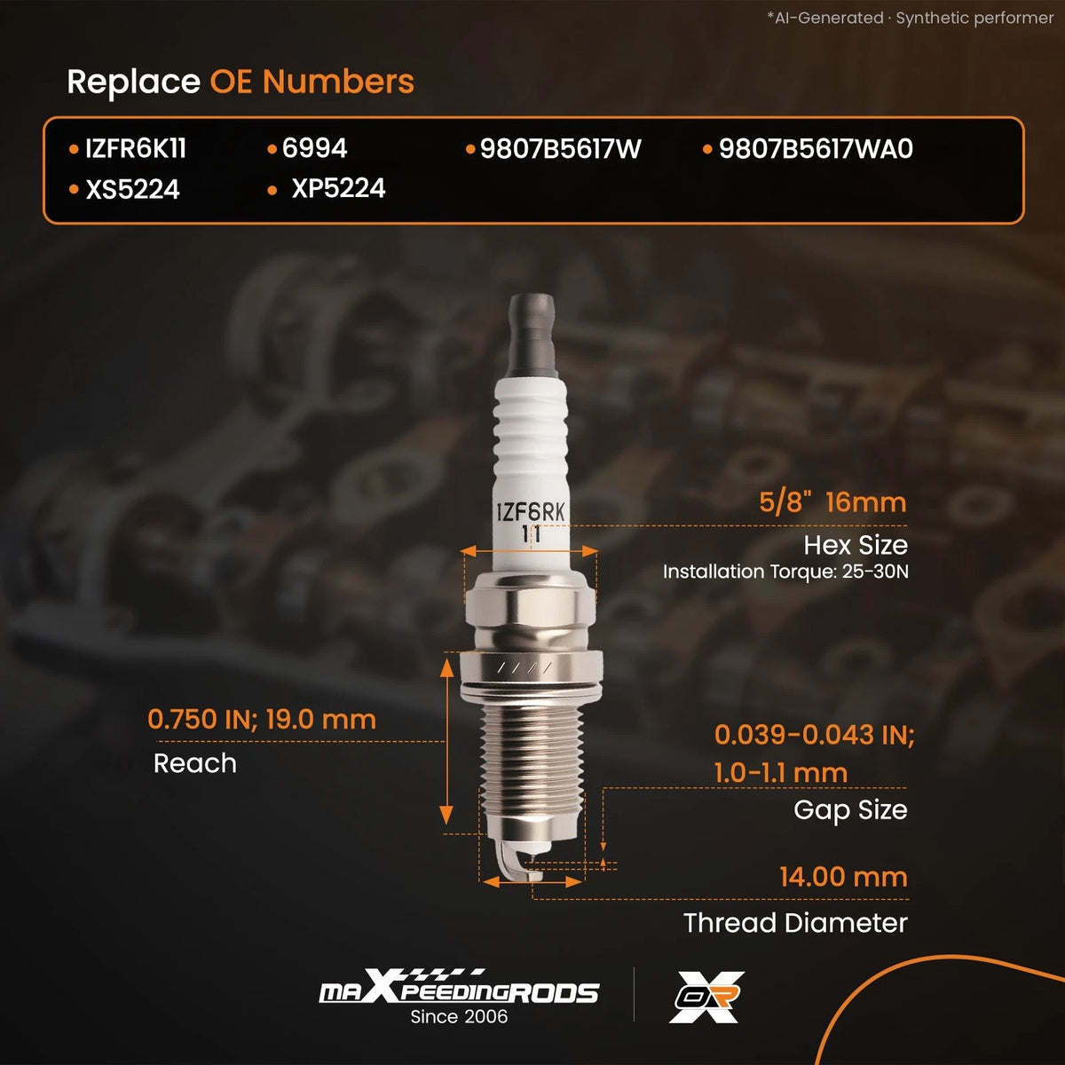 Set of 4 Iridium Spark Plugs for Acura RL 3.5L (2005–2008) 9807B561BW IZFR6K11