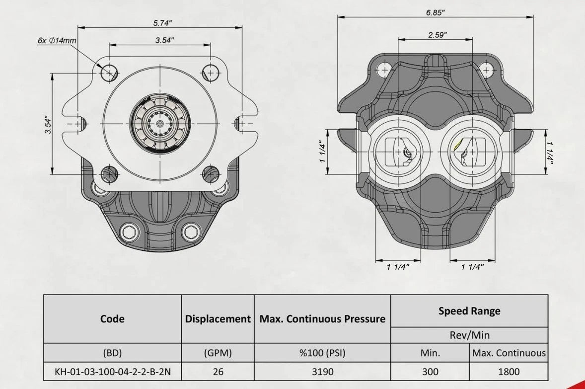 Hydraulic Gear PTO Pump 26 GPM for BD (SAE-B 13T, 4 Port, 3190 PSI)