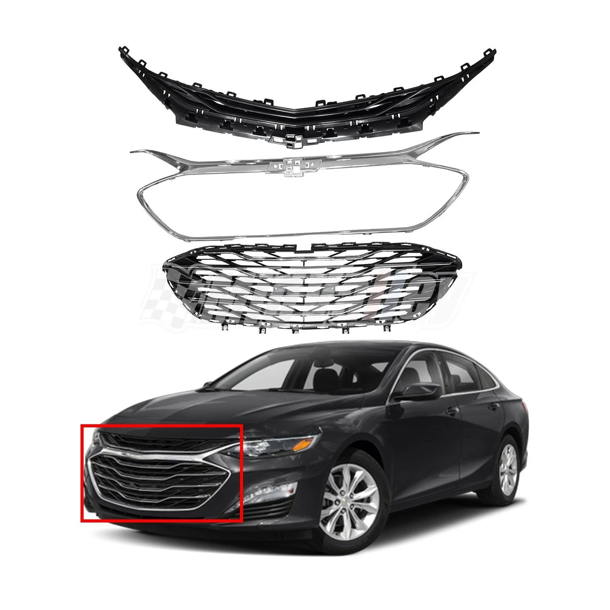 Set of 3 Chrome Front Upper Lower Grilles for Chevrolet Malibu (2019–2020)