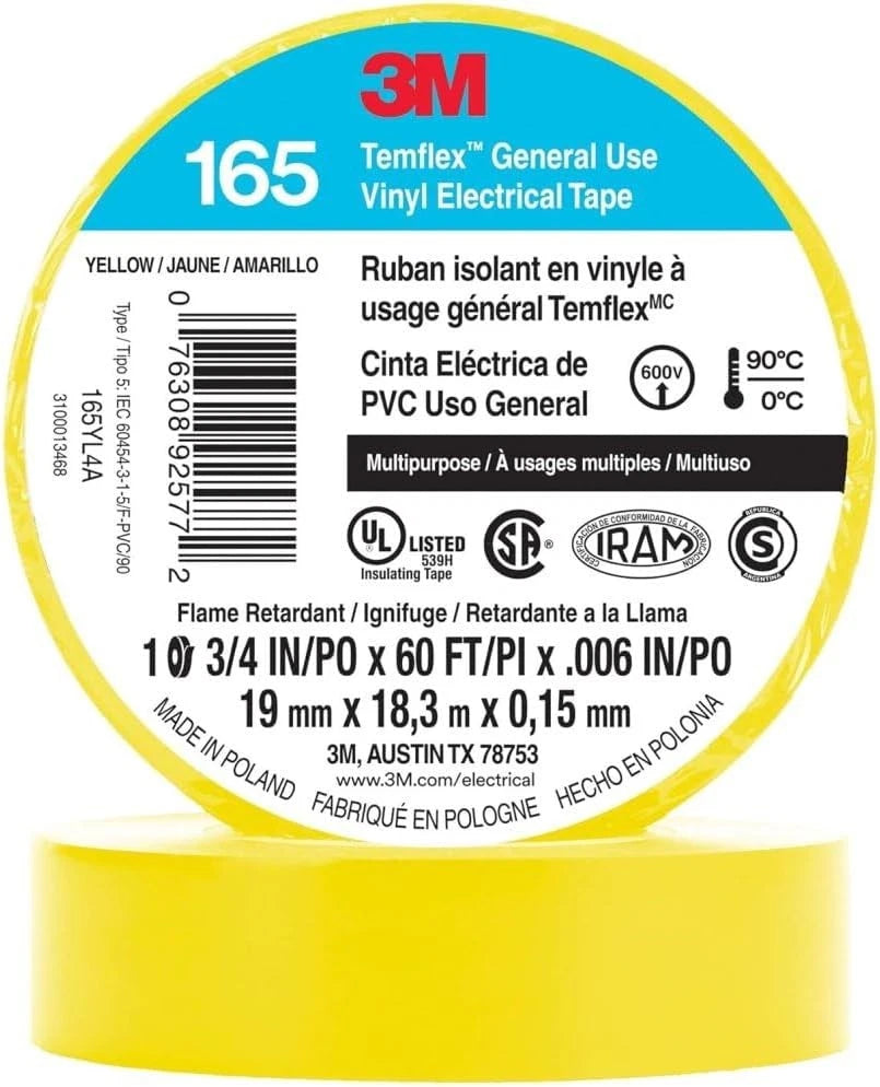 3M Temflex Vinyl Electrical Tape 165 for Automotive Use (60 ft, Yellow)