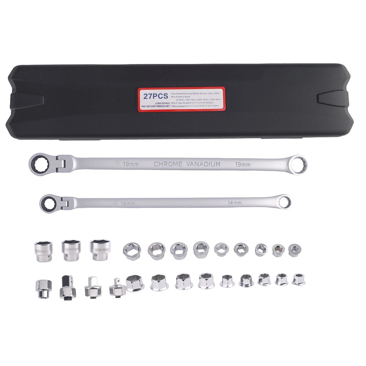 Set of 27 Extra Long Flex Head Ratcheting Wrenches 8-22mm