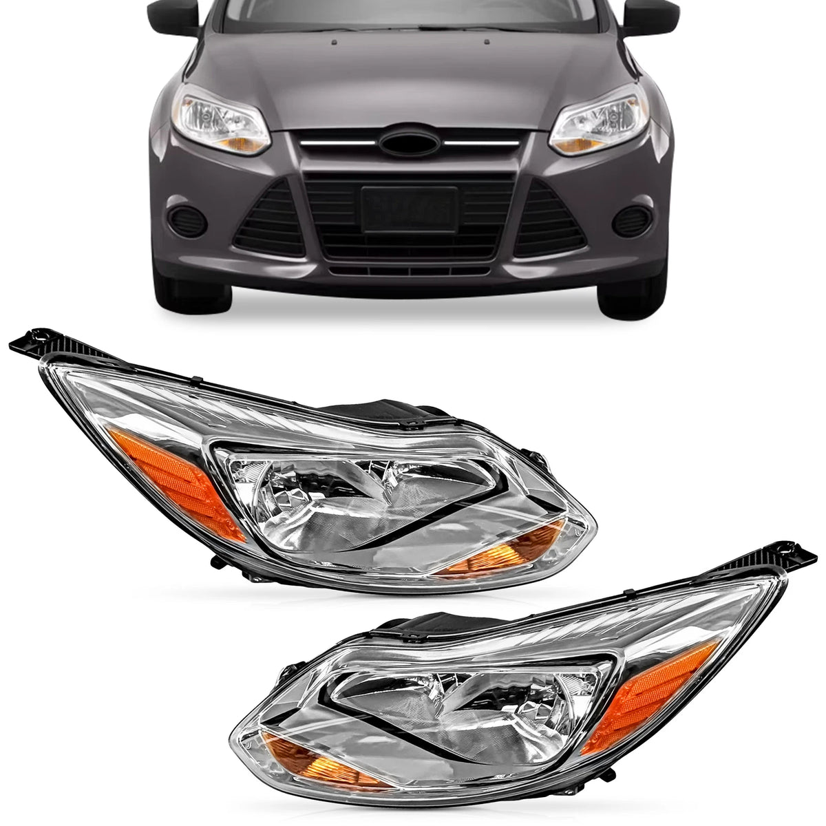 Set of 2 Headlights for Ford Focus Sedan Hatchback (2012–2014) Chrome Halogen
