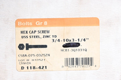 Hex Cap Screw 3/4-10 x 3-1/4" Zinc Plated Grade 8 for Automotive