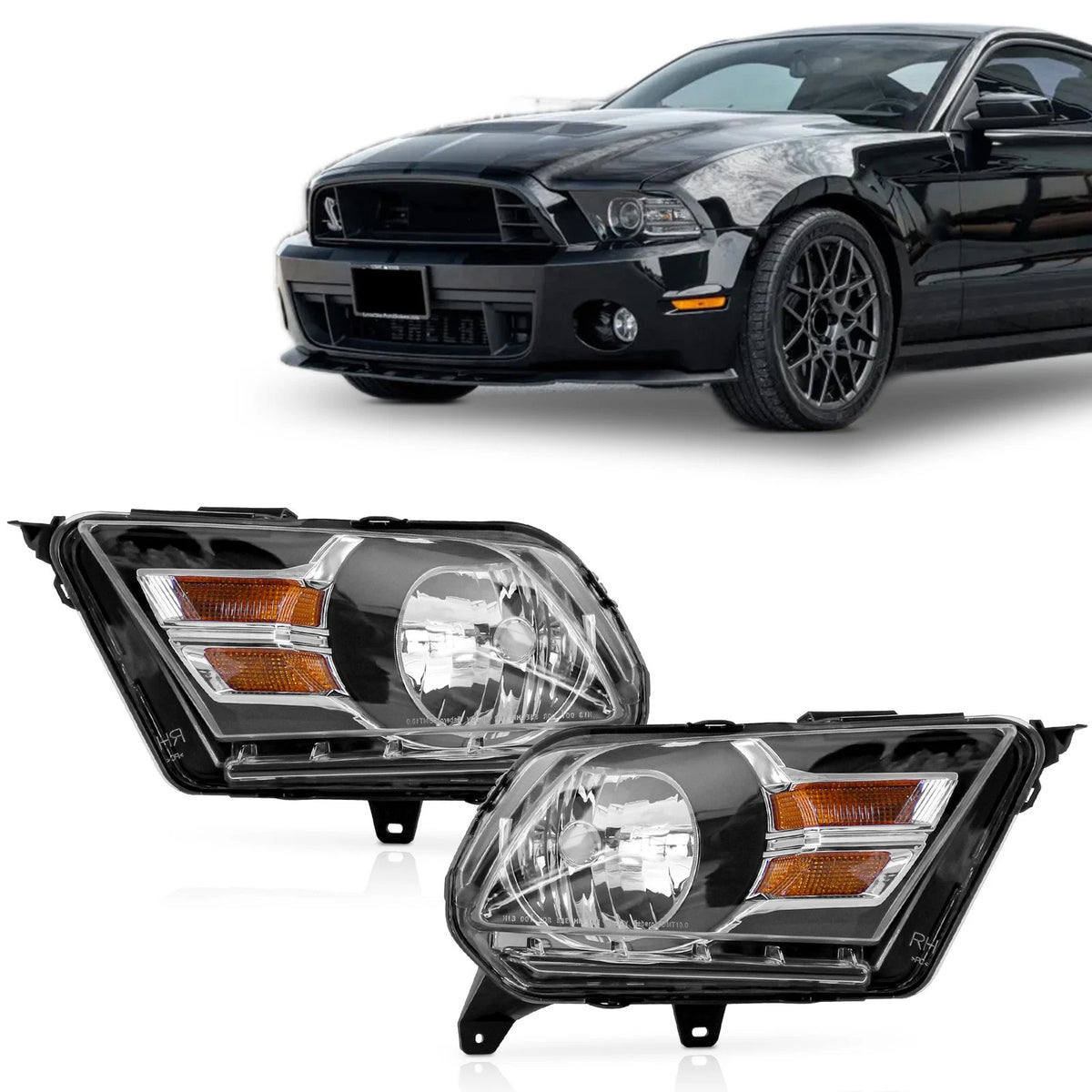 Set of 2 Black Front Headlights for Ford Mustang (2010–2014)