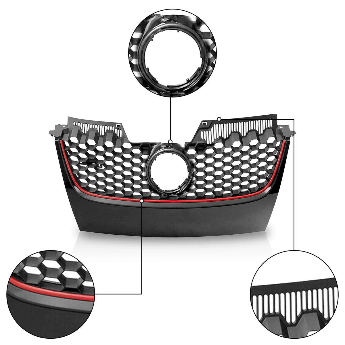 Upper Hex Mesh Grille for VW Mk5 Jetta/GLI/GTI (2006–2009) - Matte Black Red Trim