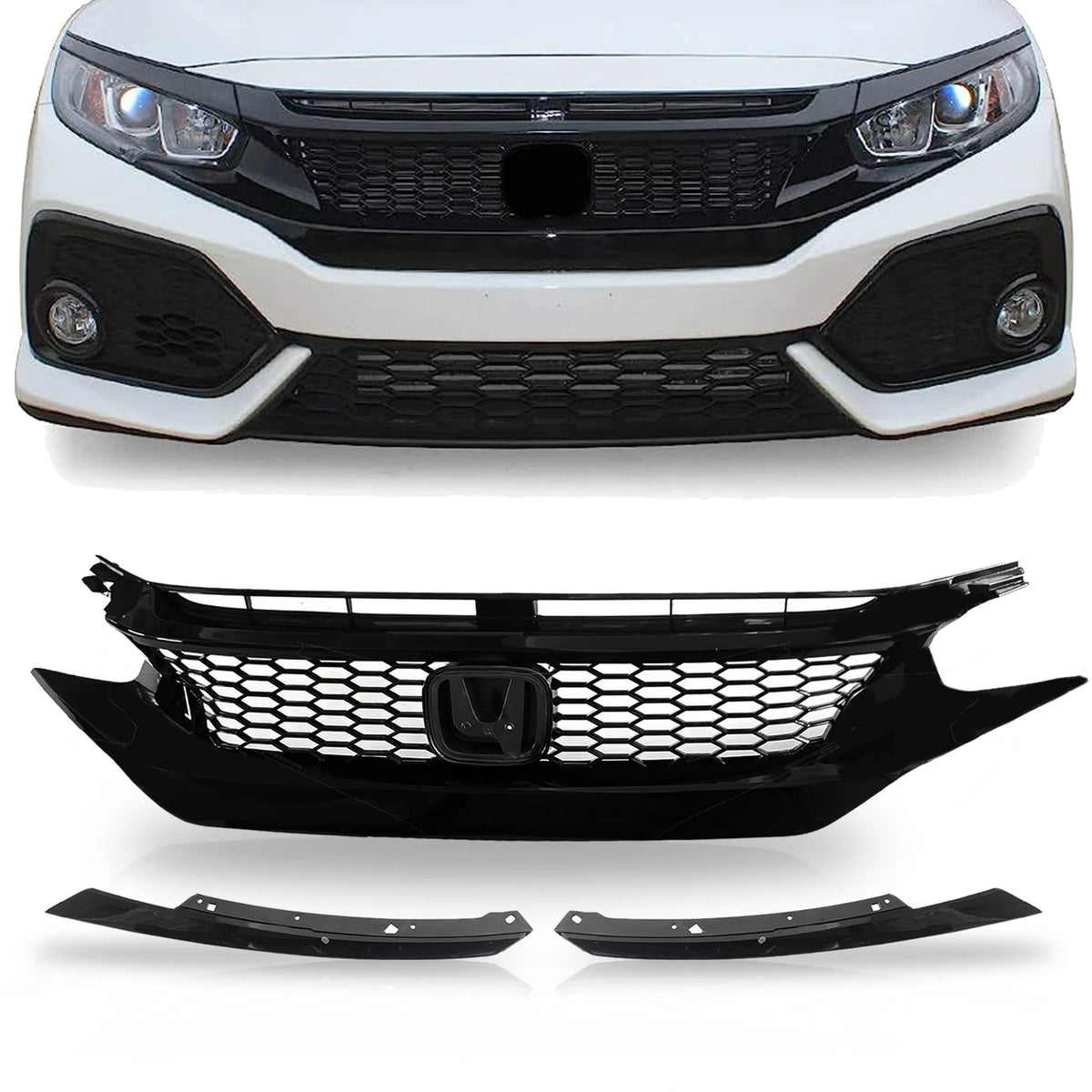 Front Upper Grille Honeycomb Gloss Black for Honda Civic (2016–2018)