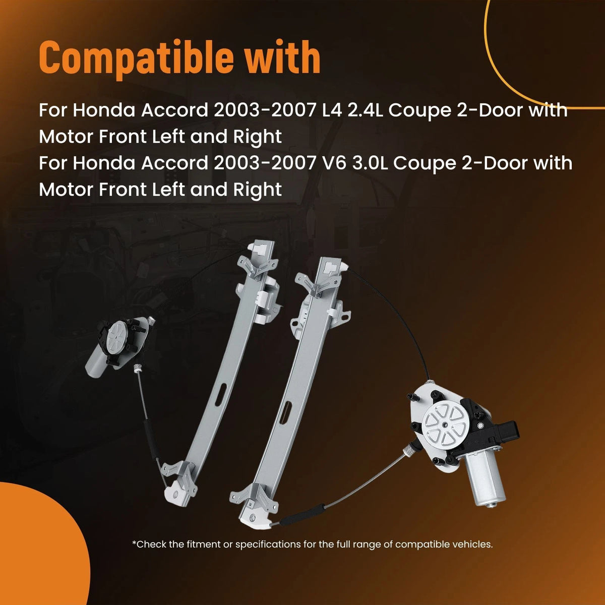 Pair Window Regulator w/ Motor for Honda Accord V6 Coupe (2003–2007) 741305 6-Pin