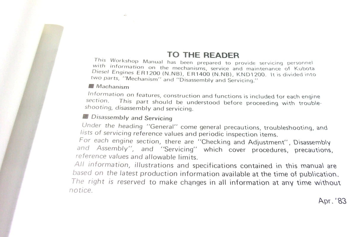 Kubota Workshop Service Manual for ER1200 KND1200 ER1400 Series