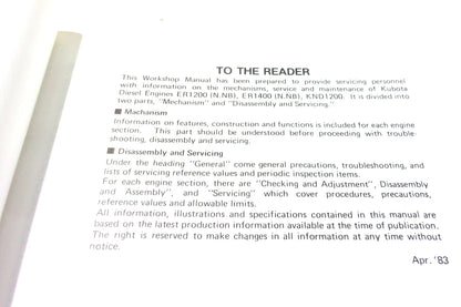 Kubota Workshop Service Manual for ER1200 KND1200 ER1400 Series
